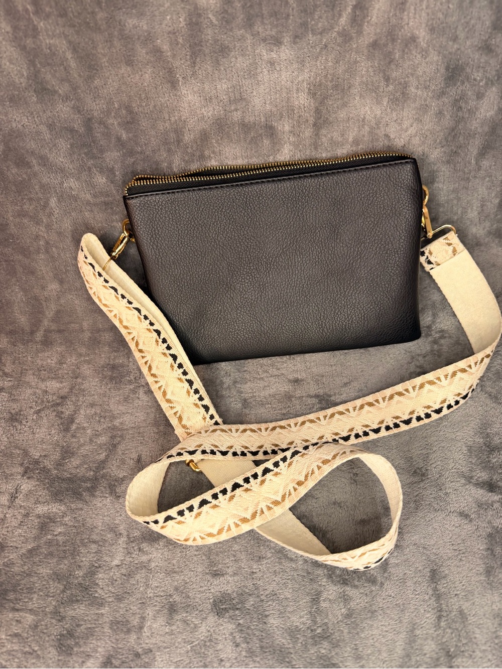 Classic Black Crossbody with Decorative Cream Strap